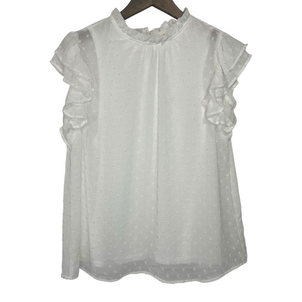 NWT Spense Clip Dot Blouse size Medium White Flutter Sleeve Sheer Ruffle Top